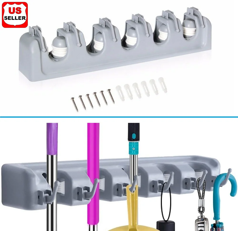 

Держатель для метлы и органайзер для садовых инструментов, 5 слотов, 6 крючков для грабель и швабр, настенный