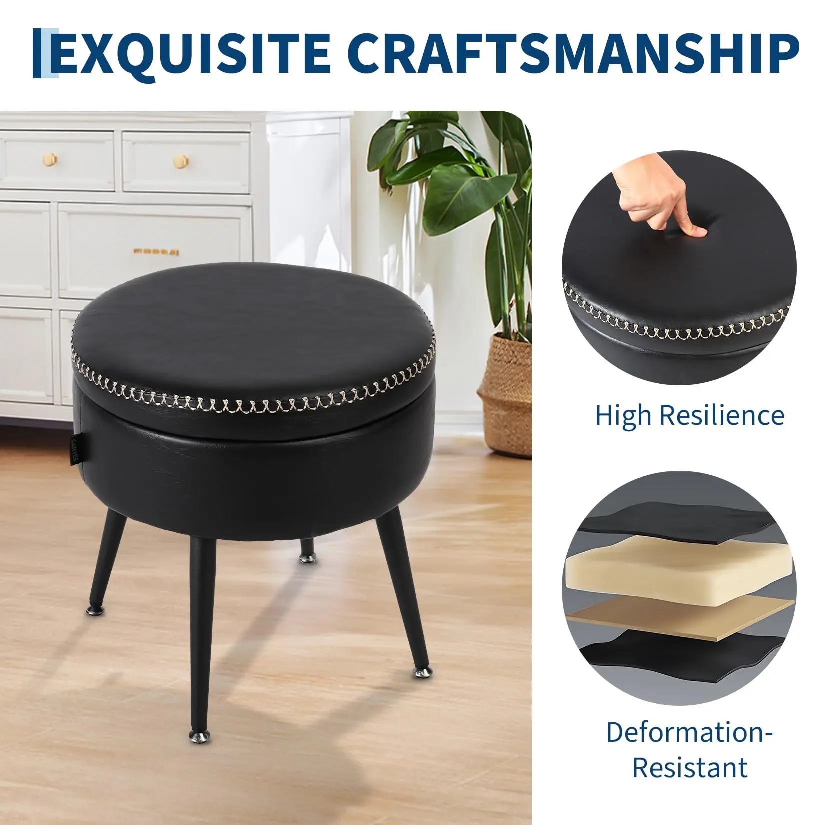 Tabouret de rangement moderne et tabouret de coiffeuse - Siège rond en similicuir avec surpiqûres, pieds en acier avec capacité de charge de 150 kg, repose-pieds multifonctionnel et banc de chambre, noir encre