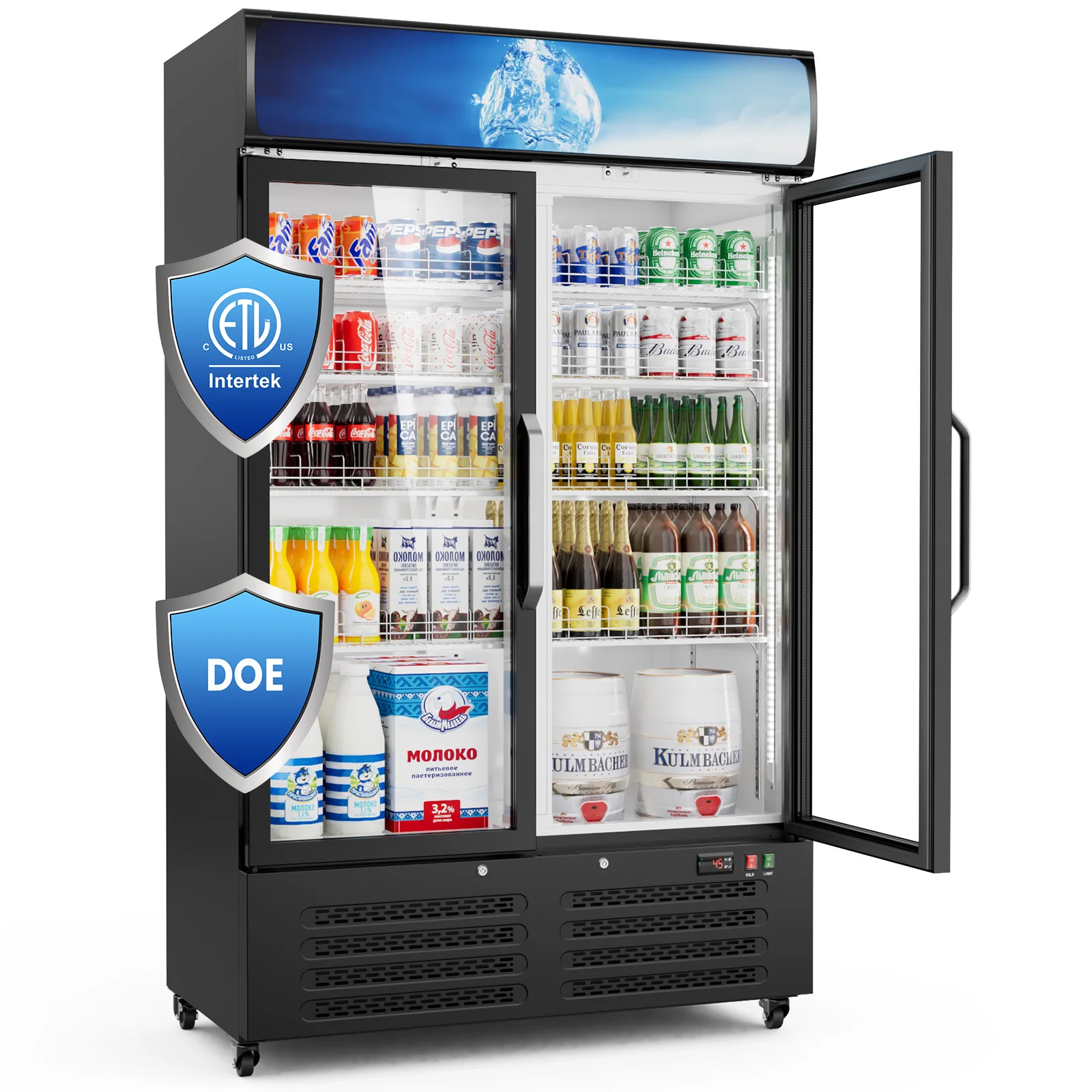 Refrigeradores de bebidas comerciales de 28 pies cúbicos, pantalla de mercancías, luz LED integrada y luz LED frontal, doble puerta de vidrio