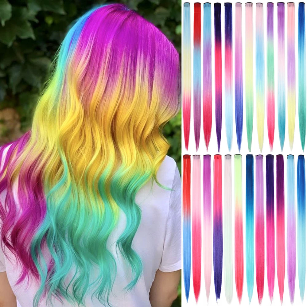 

20" Synthetic Long Straight Rainbow Highlight Colored Hair Extensions Clip In One Piece Ombre Pink Purple Green Yellow