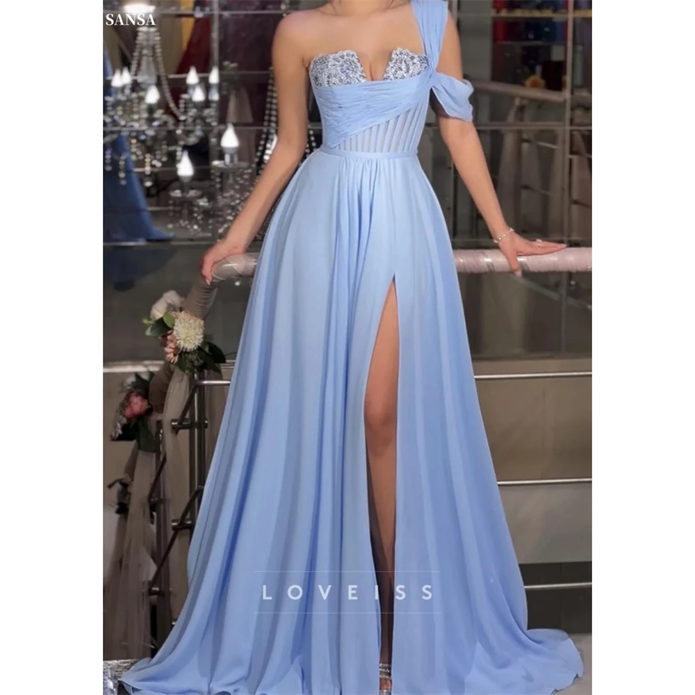 

Sansa Customized Blue Side High Split Pleats A-Line Prom Dress One Shoulder Zip Vestidos De Noche Floor-Length Formal Evening