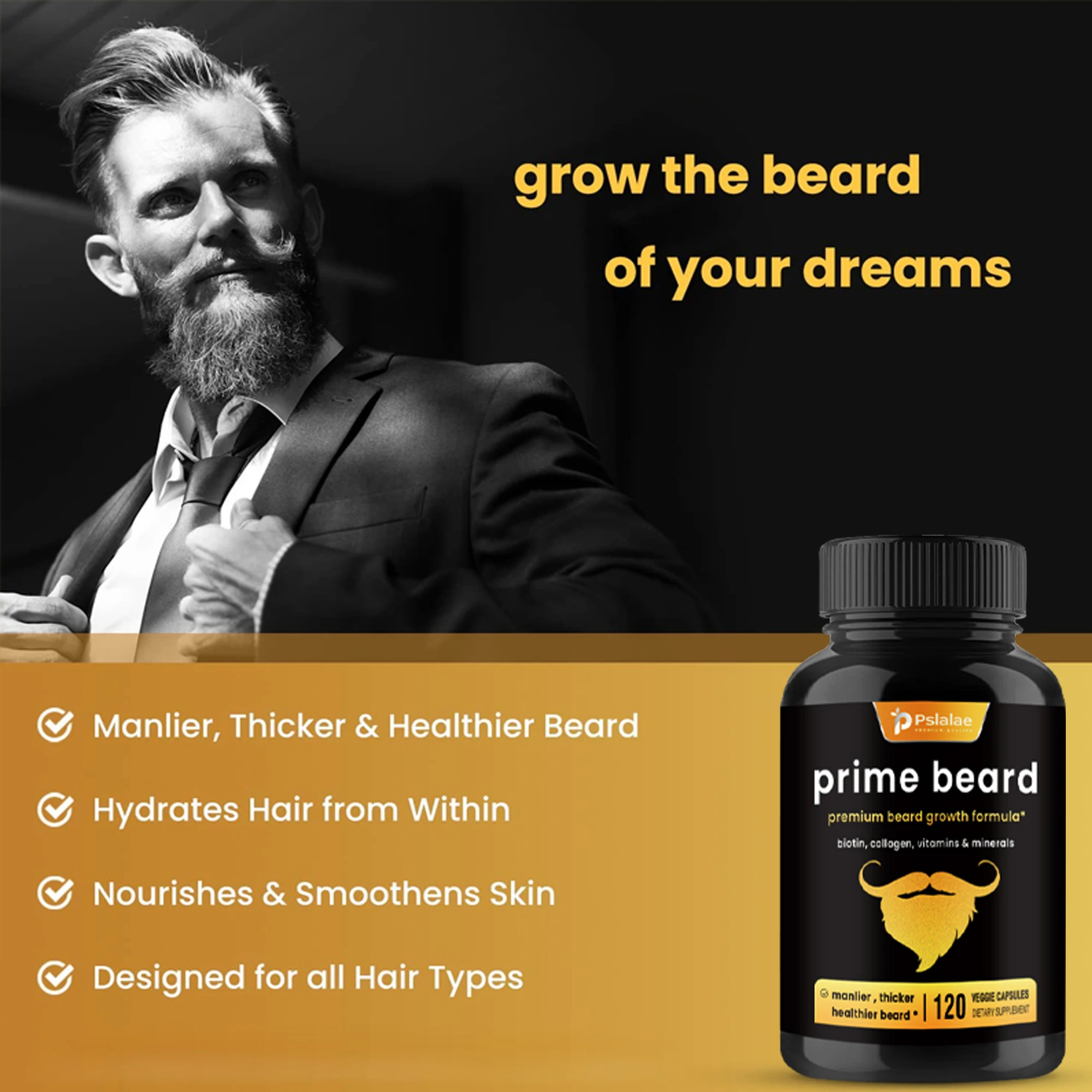 Prime Beard suplemento-vitaminas para la manicura con biotina, colágeno y Palma de sierra, 120 cápsulas