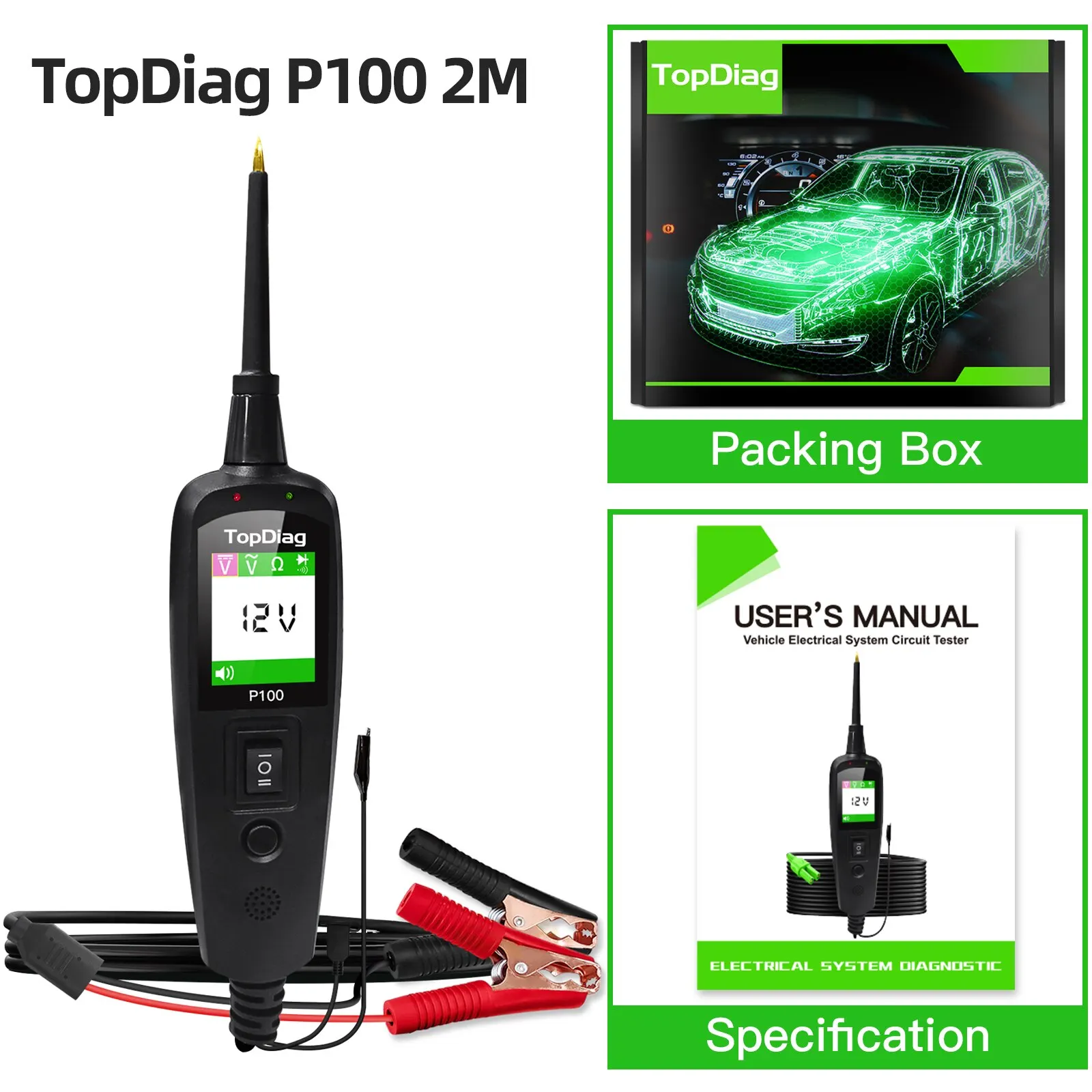 Topdiag P100 Pro Electrical Circuit Tester Power Probe Car Diagnostic 12V 24V Battery Tester Automotive Diagnostic Tool