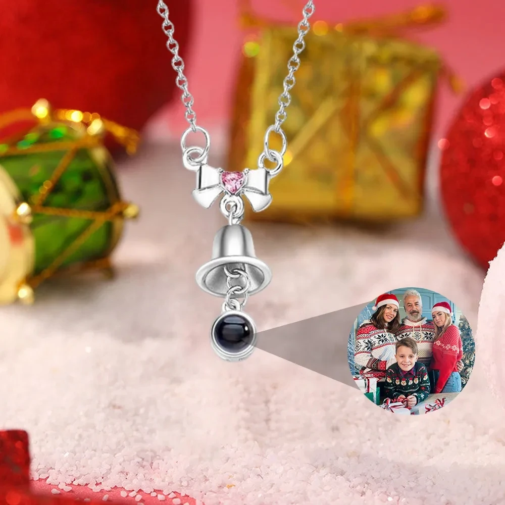 Personalized Photo Necklace Custom Projection Pendant Bow Necklace Christmas Bell Pendant Stainless Steel Jewelry for Girls