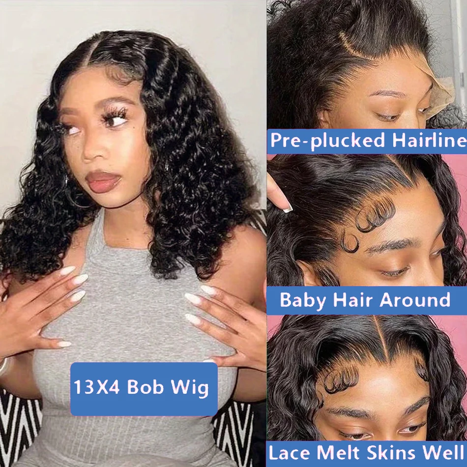 Perruque Bob Lace Front Wig Naturelle Bouclée, Cheveux Courts, Deep Wave, 13x4, 4x4, Densité 180, pour Femme