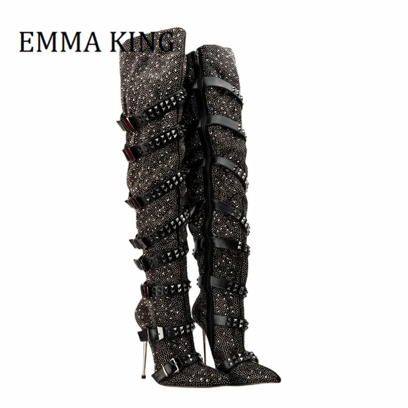 

2022 Fall Winter Women Rhinestone Thigh High Boots Sexy Pointed Toe Metal Stiletto Heels Over-the-knee Boots Ladies Long Boots