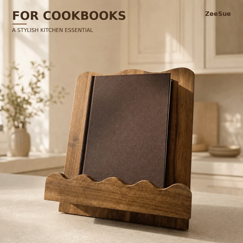 Solid Acacia Wood Cookbook Stand, 9.7in Wooden Recipe Book Holder and Kitchen Tablet Stand