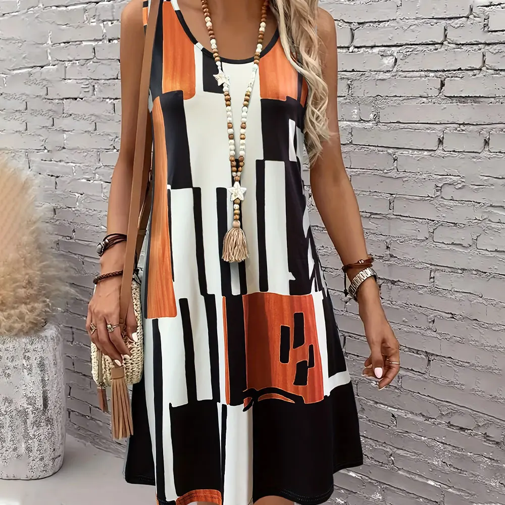 

Women Dress Round Neck Vest Clothing Loose Fit Fashionable Sleeveless Beach Party Dress Checkered Printed Women Casual Summer