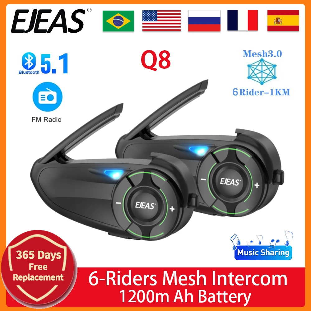 

EJEAS Q8 Motorcycle Bluetooth 6 Riders group intercom Mesh3.0 mesh intercom technology Support Channel Switching Waterproof IP67