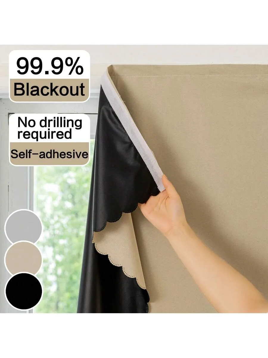 1pc Blackout Curtain, Solid Color With Black Backing, Blocks Sunlight, Darkens Room, Protects Privacy, No-Drill Adhesive Window