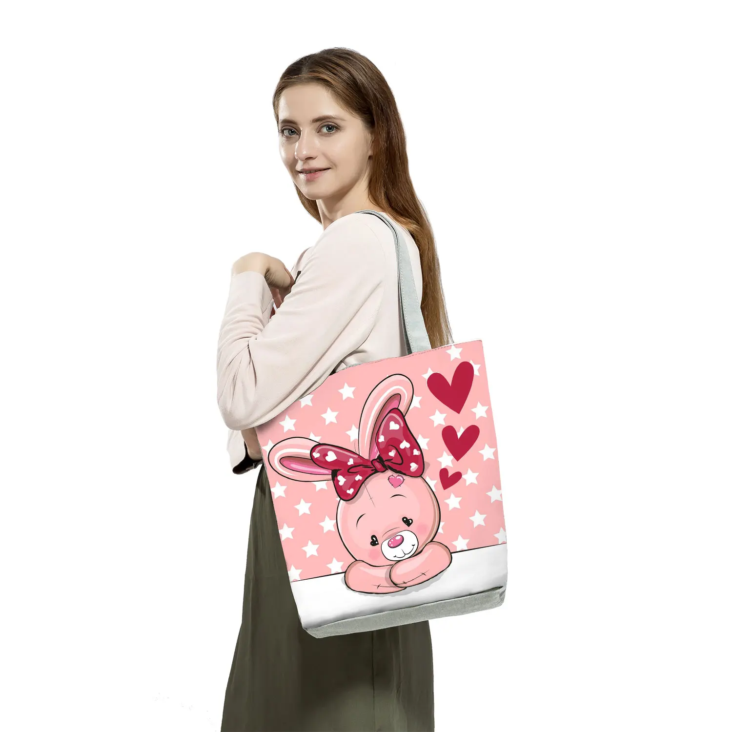 Viagem praia mulher pacote senhoras sacos de ombro casual sacola de compras bonito dos desenhos animados animal kawaii coelho porco impressão bolsas