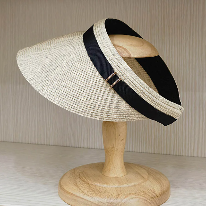 Wide Brim Summer Cap Sun Visor Cap with Elastic Head Straw Cap Sun Visor Hat for women Beach Cap Baggy Sun CaAdjustable Packable