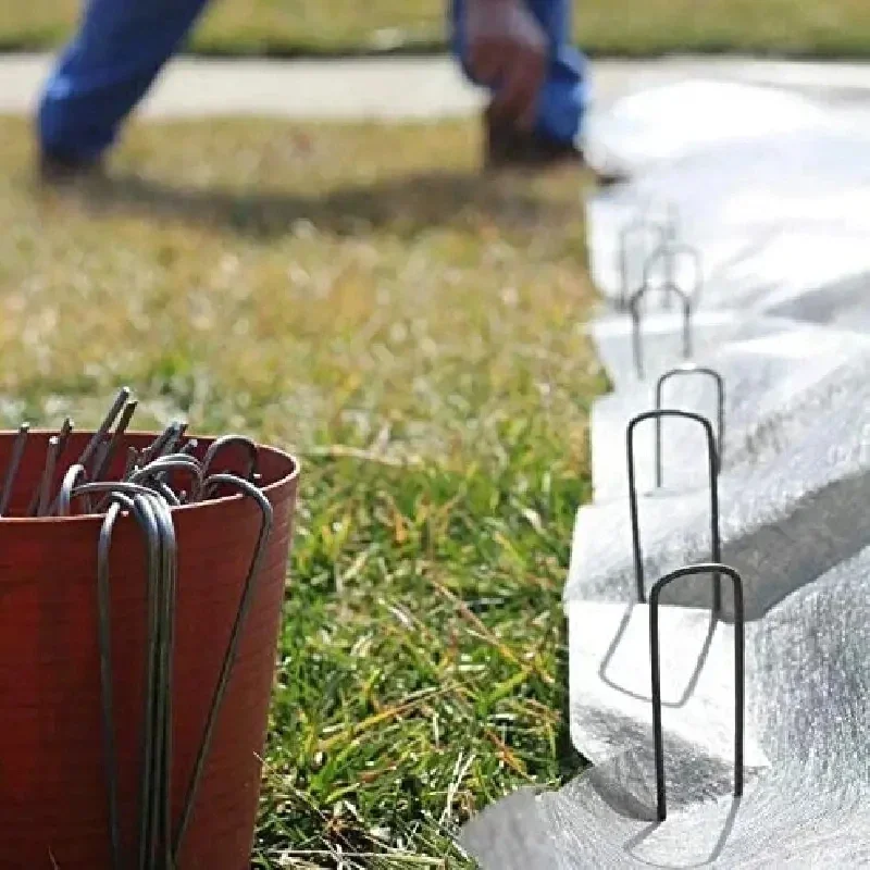 Agrafes de paysage 100 pièces, épingles de jardin en forme de U, agrafes de piquets de jardin, piquets de tente de pelouse robustes, piquets de fixation pour mauvaises herbes Ba