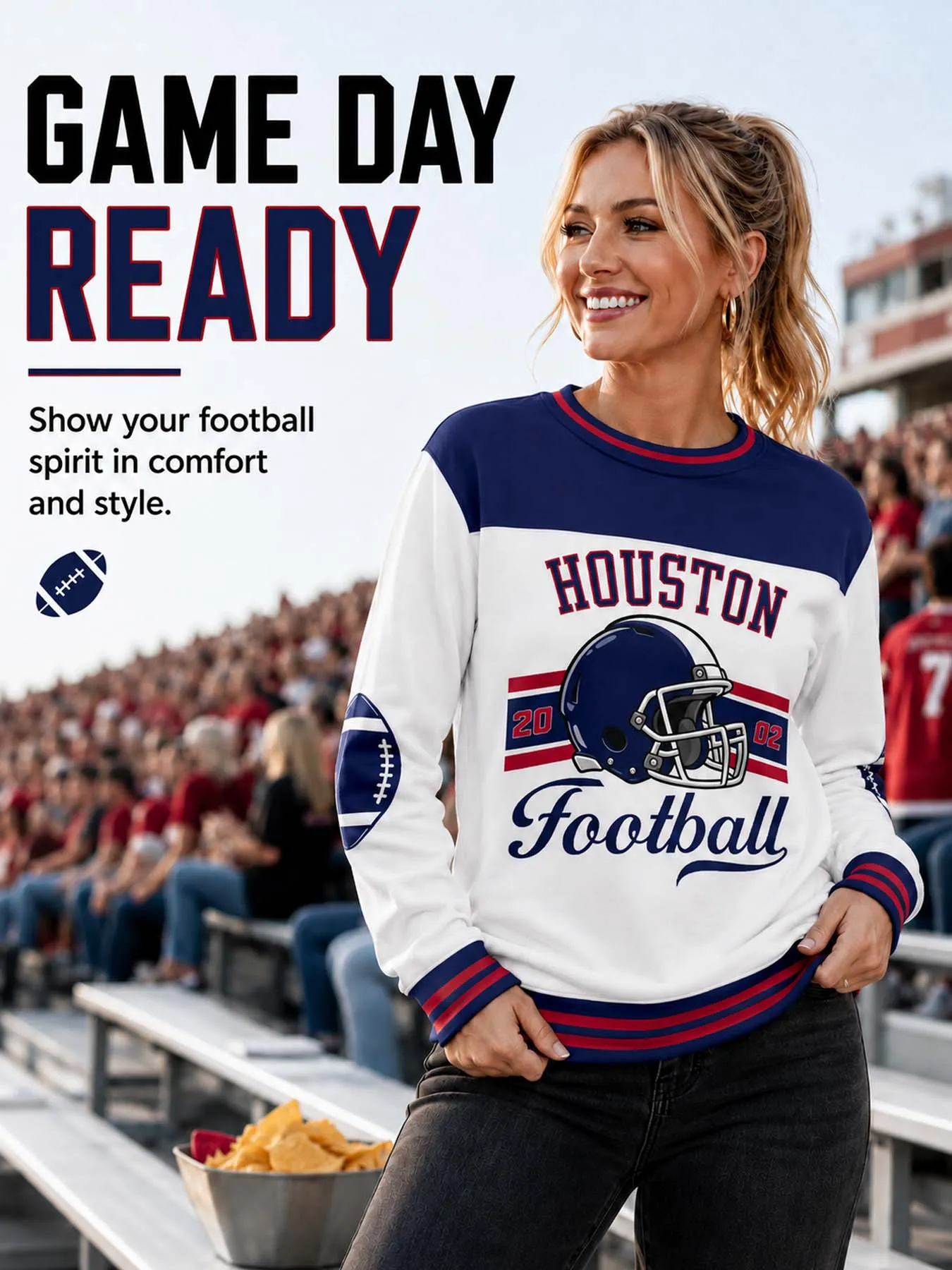 Custom Houston City Sweatshirt for Women, Personalized Name Number Logo Crewneck Sweatshirt, Game Day Football Sweatshirt