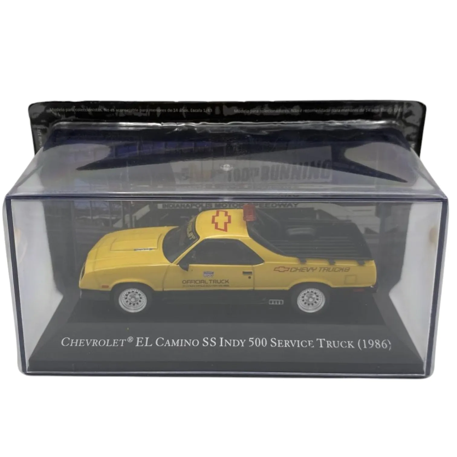 Altaya, Muscle Car El Camino S Indy 500 Service Truck 1986, Icône culturelle, Véhicule classique, Échelle 1:43, Miniature en métal moulé sous pression, Collection Muscle Car USA Racing, Sans boîte, Modèles sportifs légendaires authentiques, Emballage d'origine avec vitrine, Base de présentation du modèle