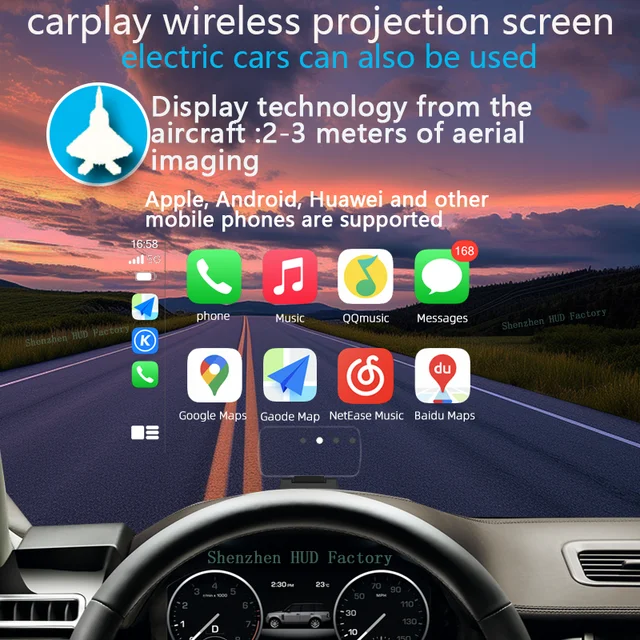 Nawigator HUD; Podzielone HUD; prędkościomierz, wysokościomierz, czas; Bezprzewodowe odwzorowanie ekranu CarPlay/HiCar/Android Auto; Obrazowanie powietrzne na odległość 2-3 metrów; wyświetlacz samochodowy; Fabryka HUD