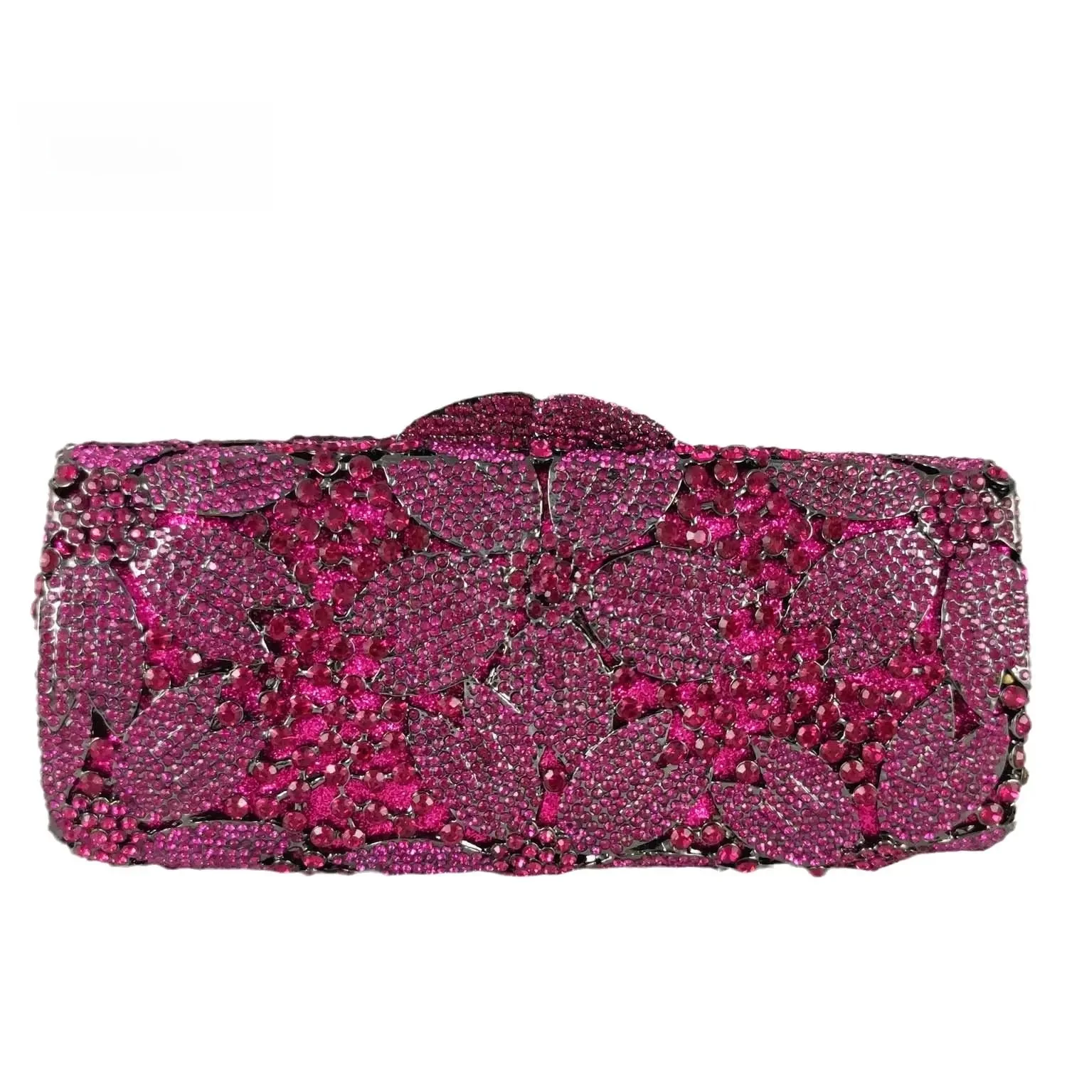 Boutique De FGG eleganckie kobiety Fuchsia kwiat wieczór Minaudiere torebka Party torebka z kryształkami torba ślubna Bridal Rhinestone torebka — zdjęcie 2
