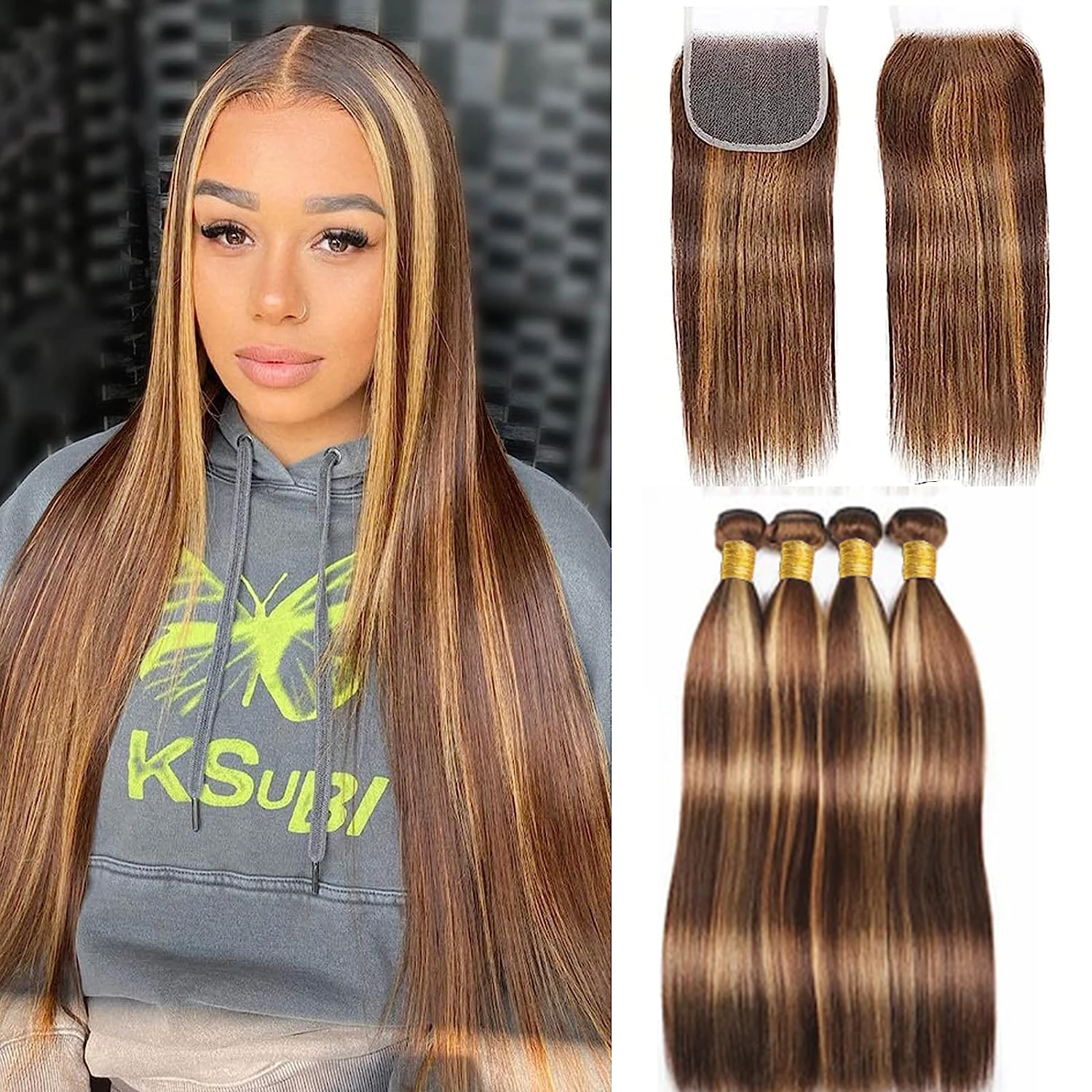 

Bundles With Closure Brazilian Straight Hair 3 Bundles With 4x4 HD Closure Free Part Virgin Remy Hair P4-27 Highlight 3 Bundles