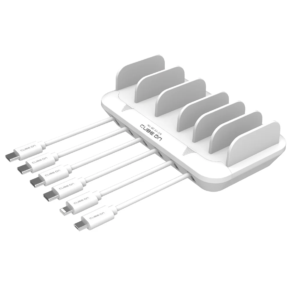 Cube-On 6-Port All-Quick Fast Multi-Charger + Cable Type C 4P + 8-Pin + 5-Pin Set, White