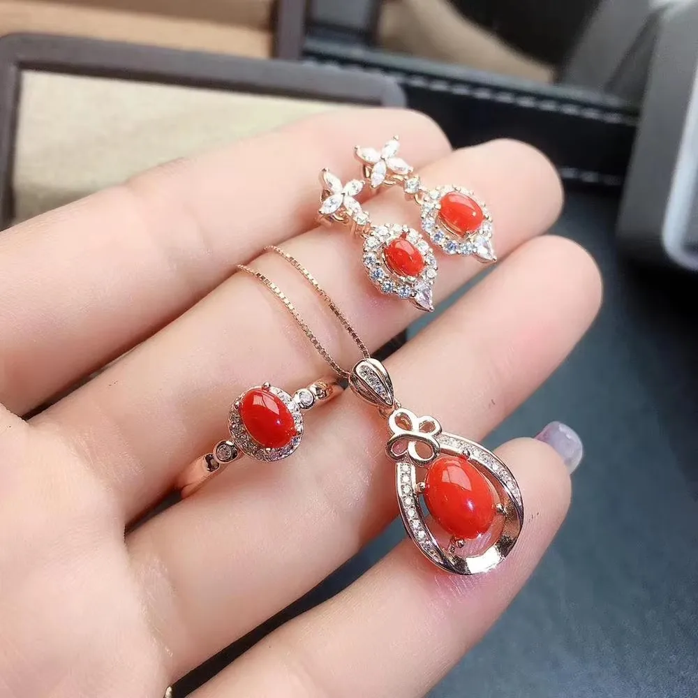 

Girl Natural Red Coral Gemstone Necklace Pendant Ring Earring Set 925 Pure Silver Plated Rose Gold Gift for Girlfriend Christmas