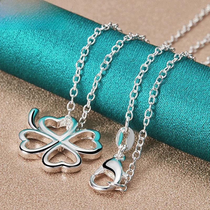 DOTEFFIL 925 Sterling Silver Four Leaves Clover Wisiorek Naszyjniki 16-30 Inch Łańcuch Dla Kobiety Urok Biżuteria Ślubna Zaręczynowa — zdjęcie 2