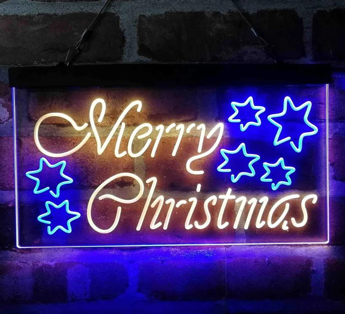 Custom Dual Color LED Neon Sign Merry Christmas Stars Decor Neon Light Merry Christmas LED Neon Sign Decor Christmas Gift