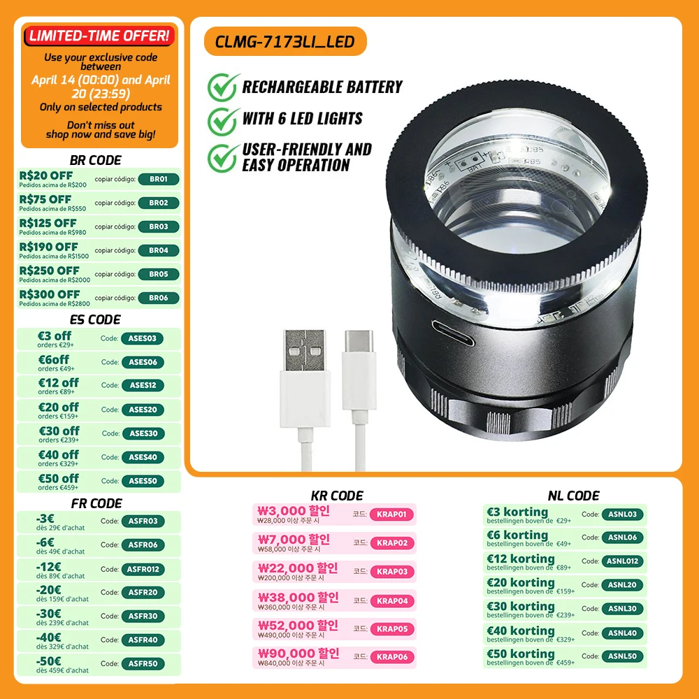 10X Jewelry Diamond Jewelry Loupe Magnifier Tool Rechargeable Detachable Multi-Function Scale 6 LED Light Metal Body Watchmaking