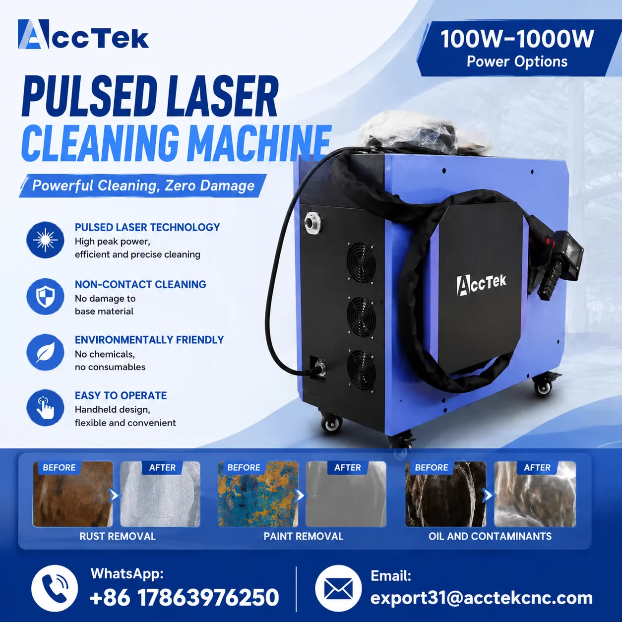 Handheld Pulsed Laser Cleaning Machine Rust Removal 100W 200W 300W JPT Laser Source Rust Paint Oxide Oil Coating Removal