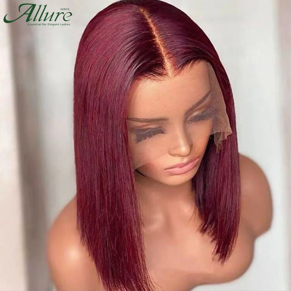 99J Short Burgundy Bob Human Hair Wigs Colored Straight Bob Lace Front Wig For Women Dark Red Glueless T Part Lace Wigs Allure