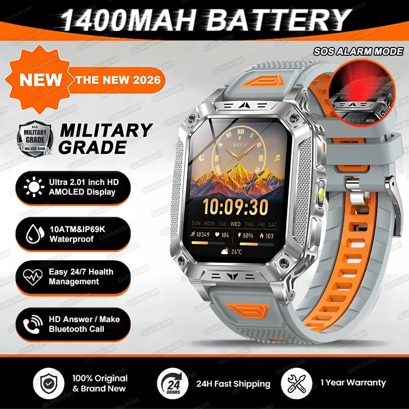 2026 TANK Nieuwe 1400mAh Militaire GPS Smart Watch Mannen 2.01 "AMOLED Scherm 10ATM Waterdichte Klok SOS Oproep Zaklamp Smartwatch iOS