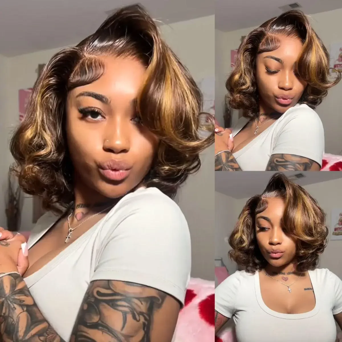 P4/27 Highlight Piano Color Body Wave Bob Wig 13x4 Transparent Lace Frontal Wig 10-14 Inch Bouncy Curly Brazilian Human Hair Wig 250 Density