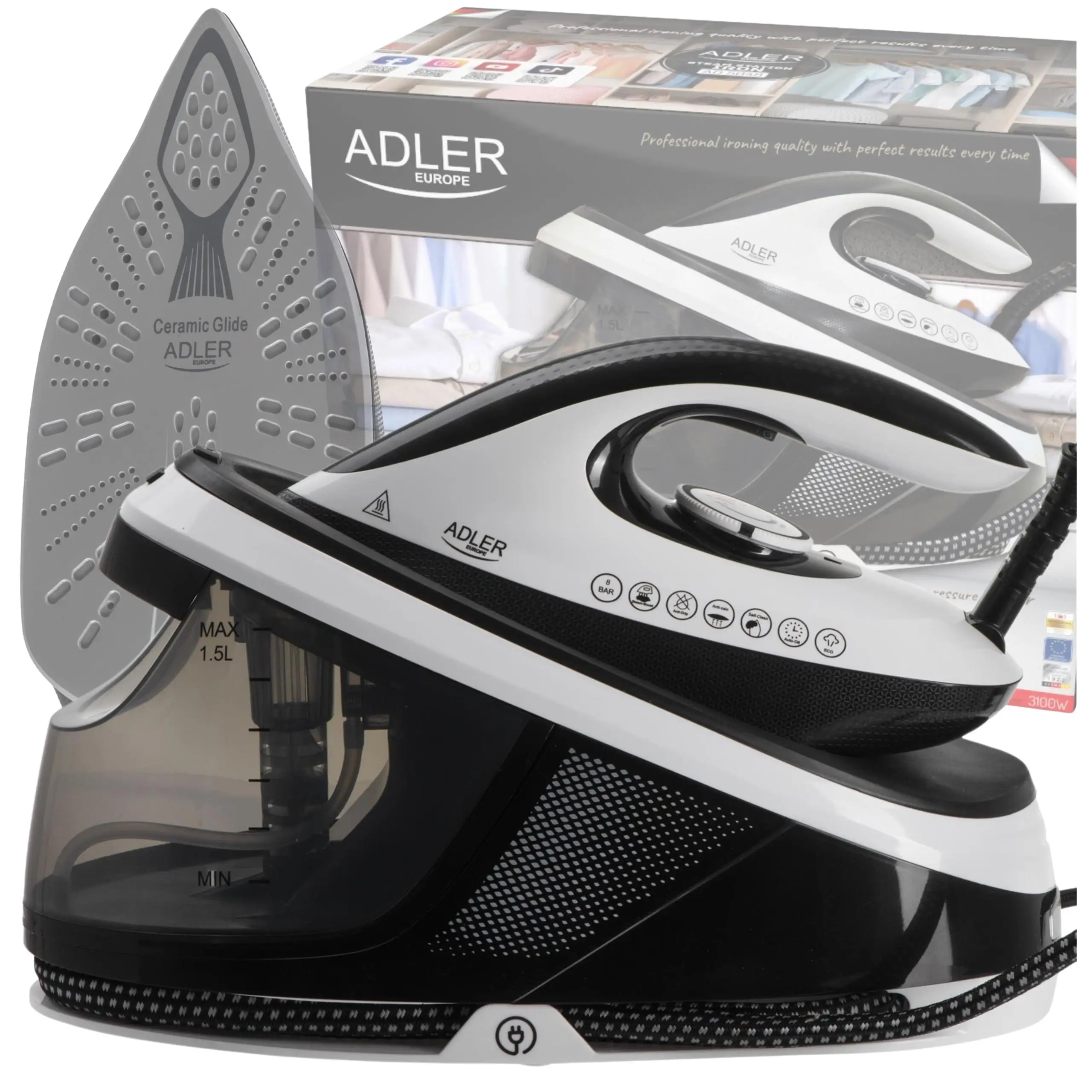 Estación de vapor de 3100 W, 8 bares, anticalcetines, antigoteo, modo ECO, descarga de vapor adicional, apagado automático, pie de cerámica