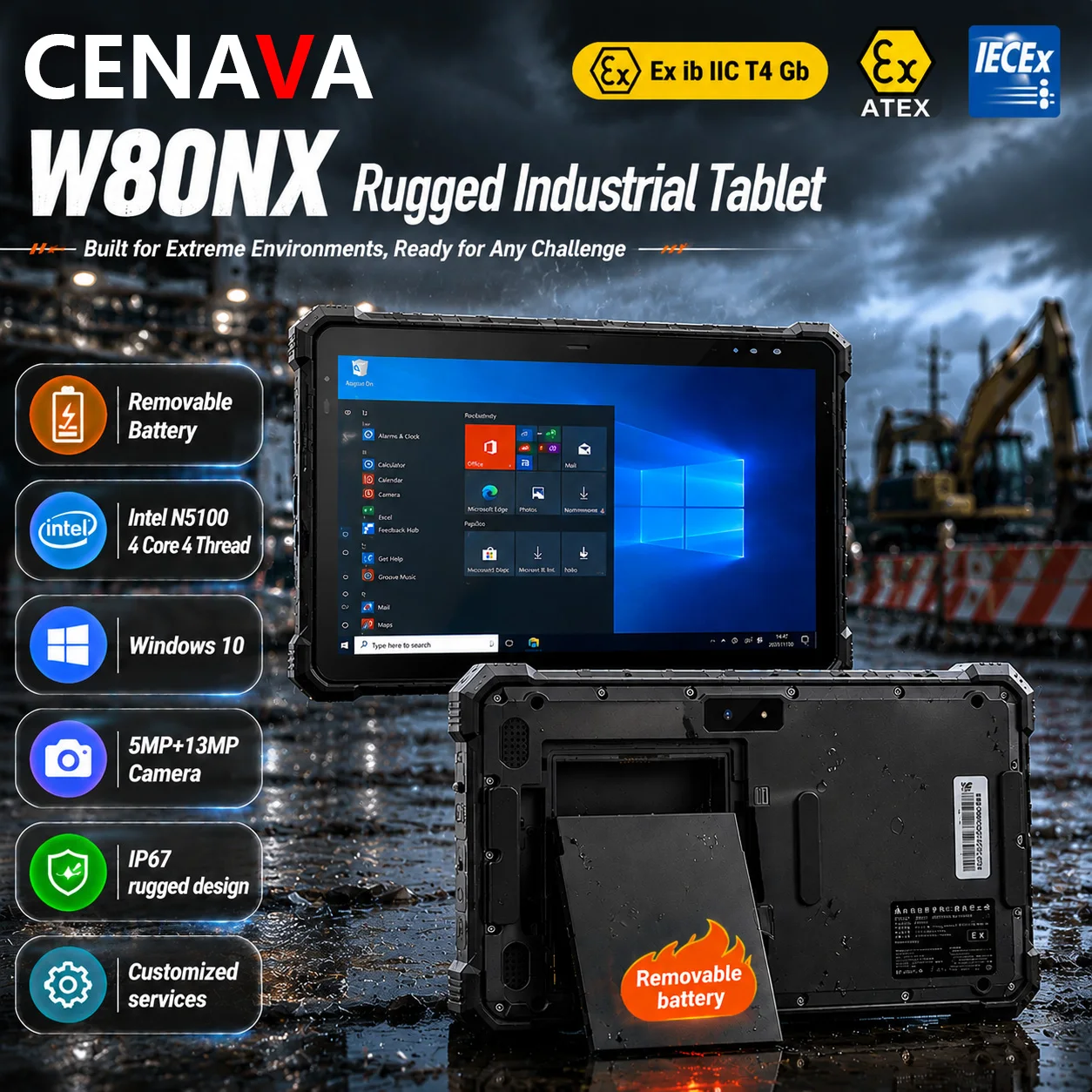 CENAVA W80NX Rugged Tablet 8 inch Intel N5100 Win10 Removable Battery IP67 Protection Industrial Custom 4G/5G/NFC/2D Scanner
