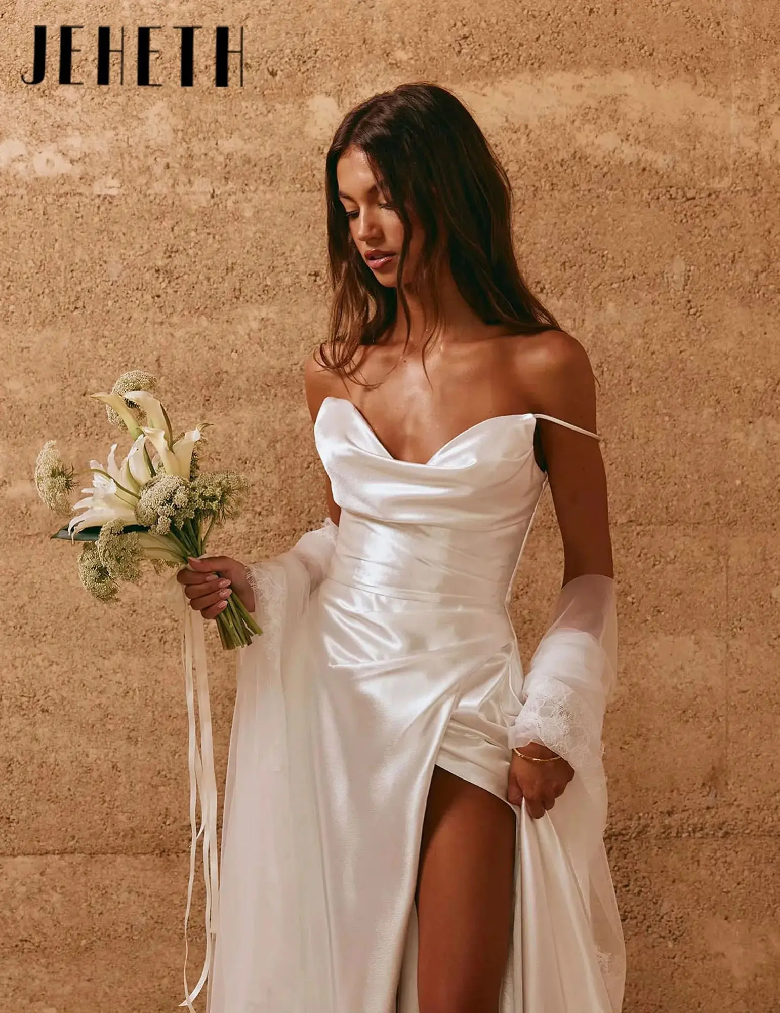 Popular Off The Shoulder Backless Stain A Line Civil Wedding Dress Woman Classic Pleat Side Slit vestidos de novia Customized