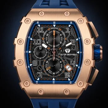 TSAR BOMBA TB8204Q Men's Chronograph Watch Seiko VK67 Quartz Sapphire Crystal 5ATM Waterproof Racing Sports Watch Date Display