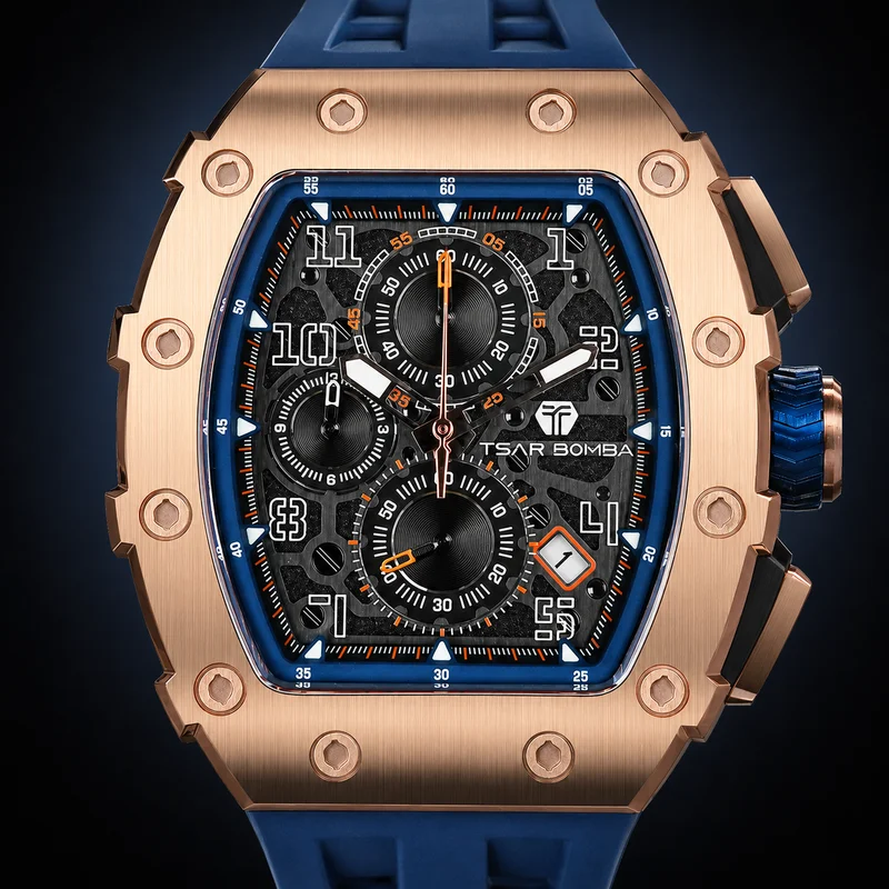 TSAR BOMBA TB8204Q Men's Chronograph Watch Seiko VK67 Quartz Sapphire Crystal 5ATM Waterproof Racing Sports Watch Date Display