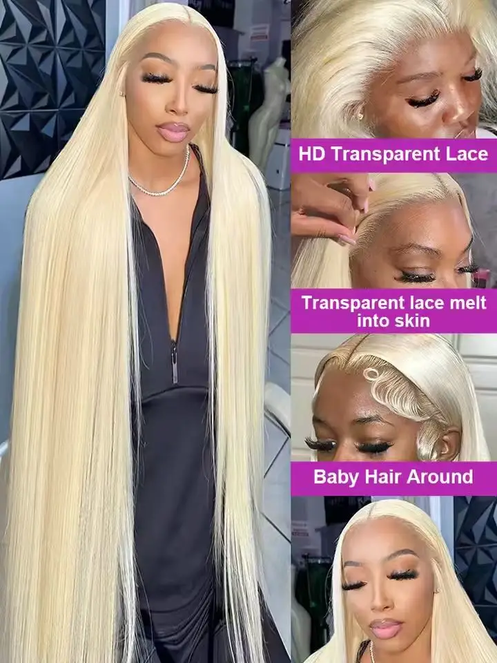 200%密度 34インチ 13x4 ブロンド 613 ストレート 透明レースフロントウィッグ 13x4 ブラジリアンストレート人毛ウィッグ 女性用