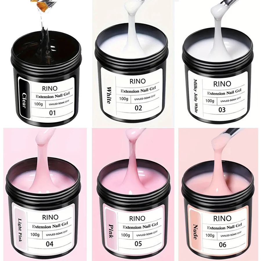 

RINO 100g Fast-Building Jelly Gel Nail Extensions - Clear, Milky White & Nude Pink | Self-Leveling UV Hard Gel for Hands, Feet