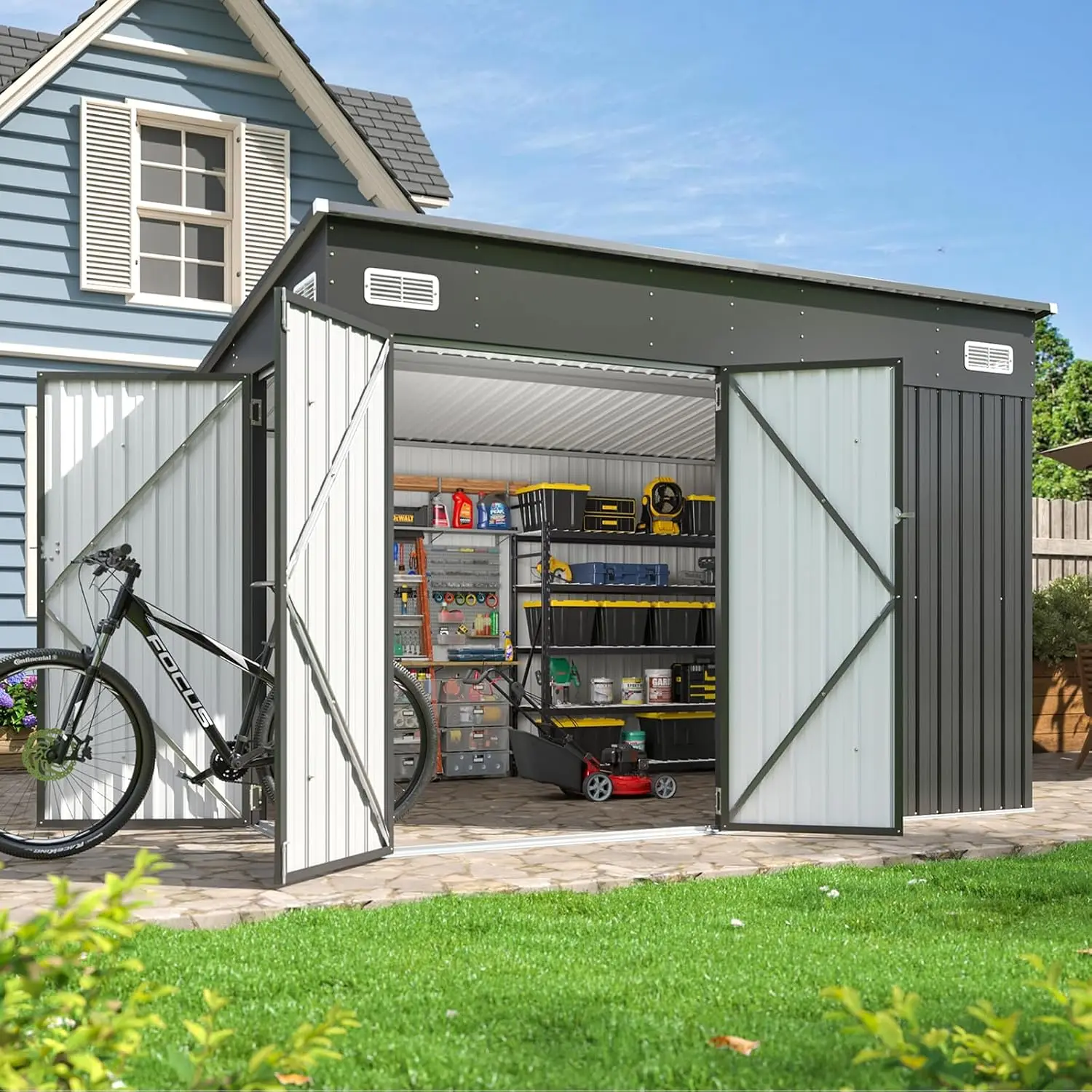9.4x7.3ft Triple Door Outdoor Storage Shed Black Metal Storage Cabinet With Sloping Roof For Tools Bicycles Storage For Garden Patio Backyard