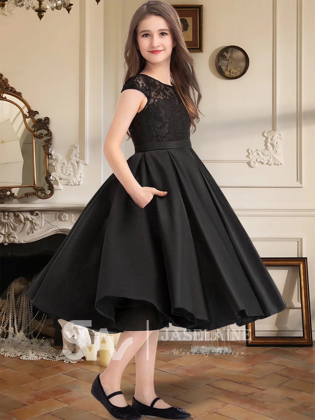 

A Charming A Line Scoop Knee Length Satin Lace Junior Bridesmaid Dress With Short Sleeves Flower Girl Dress For Wedding Party