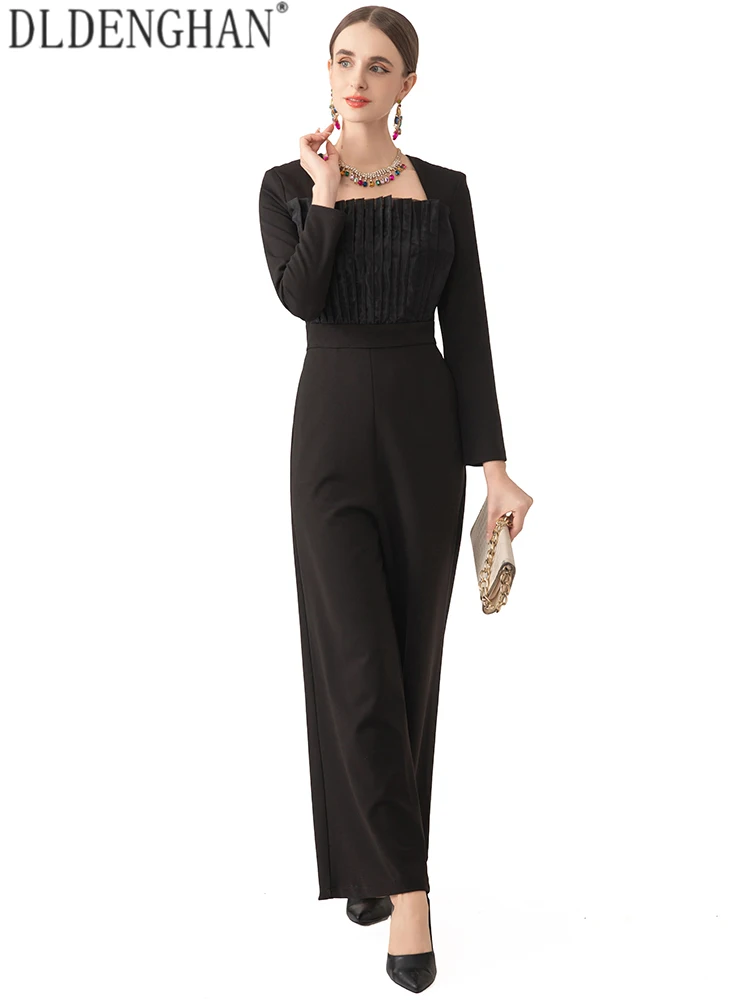 DLDENGHAN Women Square Collar Long Sleeves Splice Design Spring Summer High Street New model Solid Premium feel Jumpsuit