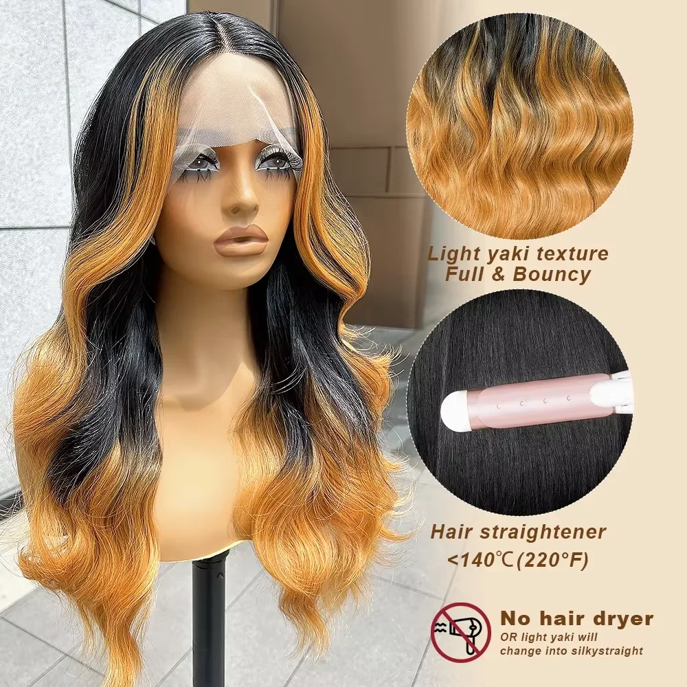 Ombre Honey Wig rambut pirang gelombang panjang bergelombang 13x4 Wig renda depan pra pencabutan Wig sintetis tanpa lem berwarna Strip 28 inci