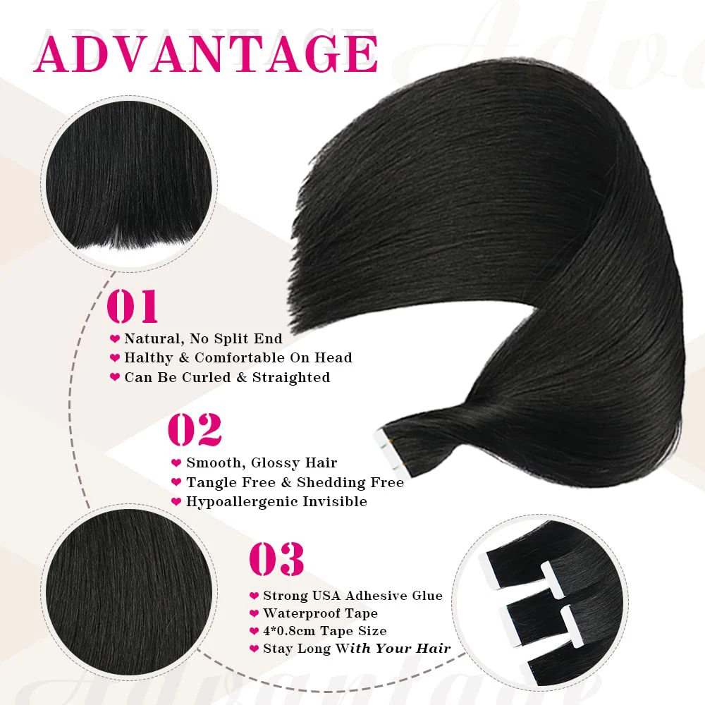 Tape in Hair Extensions Straight Human Hair 100% Real Human Hair Seamless Skin Weft Natural Black Color Tape ins Hair Extensions