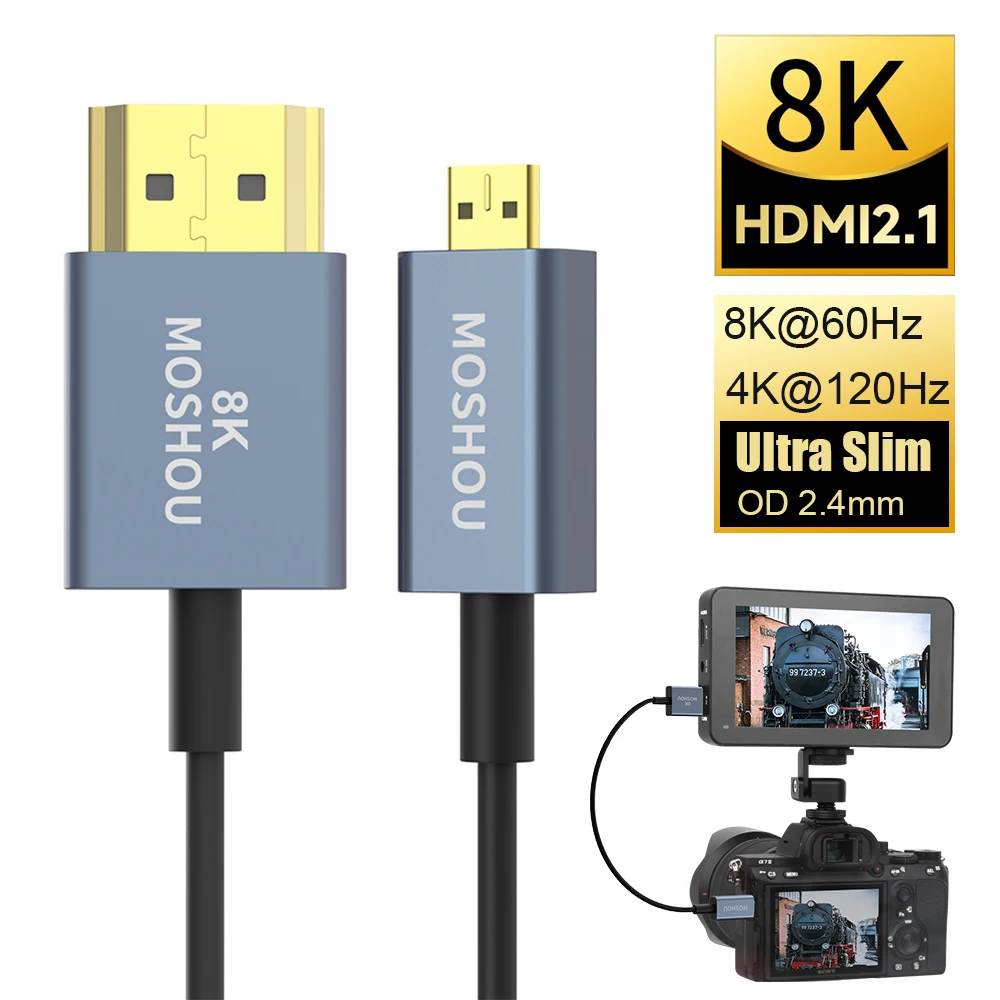 MOSHOU HDMI 2.1 Ultra cienka elastyczna Micro HDMI do HDMI 8K @ 60Hz 4K @ 120Hz dla Gimbal GoPro Hero 7 stabilizator kamery Laptop