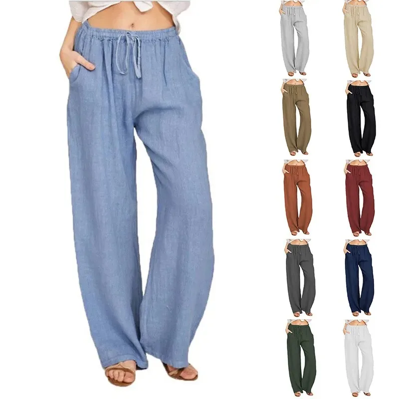 Women\'s Cotton Linen Pants Casual Loose Solid Elastic Waist Pocket Straight Trousers Ladies Oversize Wide Leg Pant Streetwear