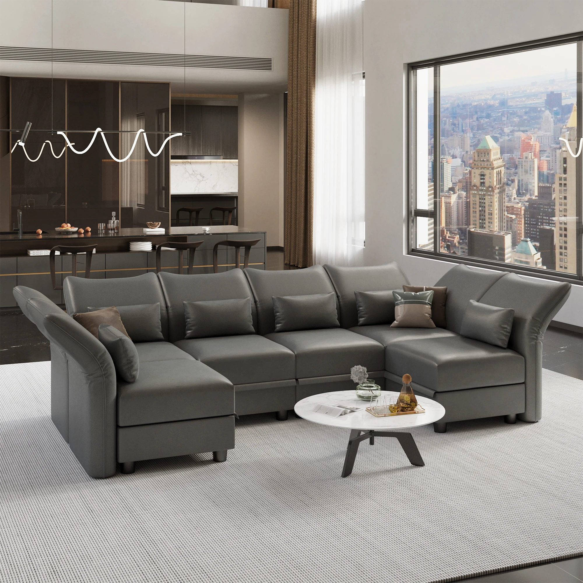 Faux Leather 6 Seater U Shaped Leather Sectional Couch, Grey Modular Faux Leather Sectional Sofa