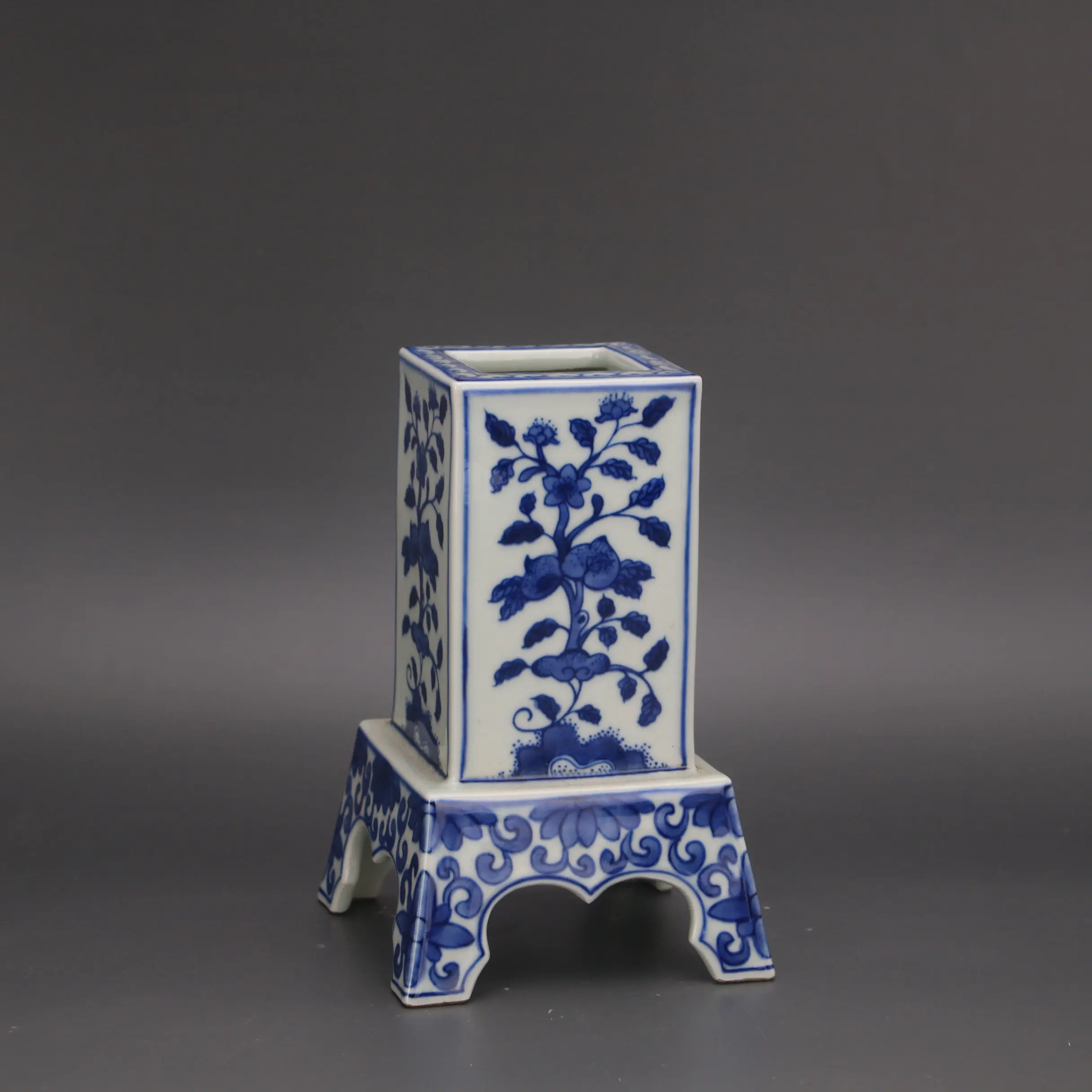 Qing Dynasty Qianlong Style Blue White Floral Square High Foot Brush Pot Handmade Antique Ceramic Decor