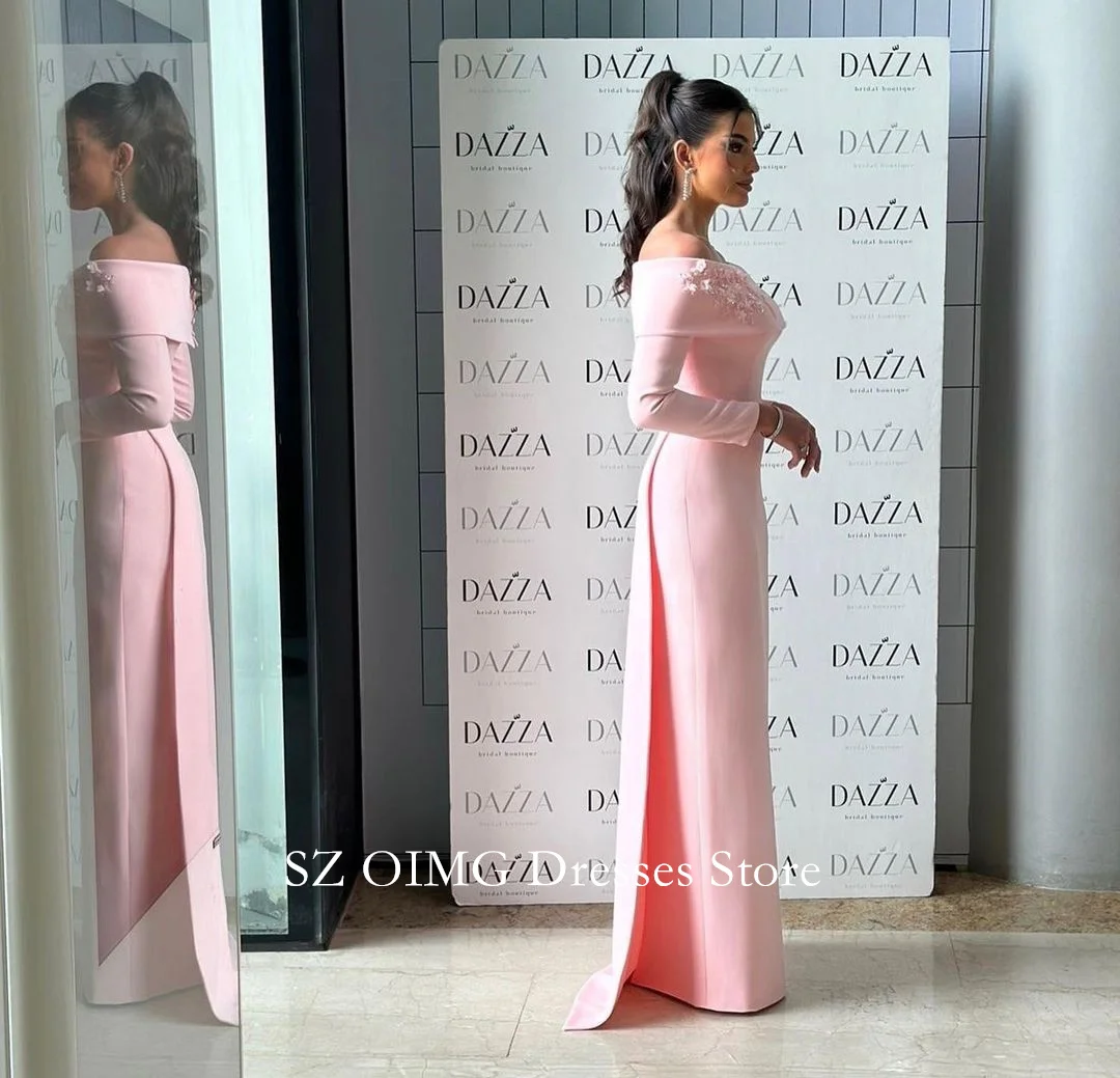 OIMG Dubai Mordern Style Off the Shoulder Prom Dresses Crepe Satin Pink  Dress Women Evening Gowns Formal Fitted Party Dress