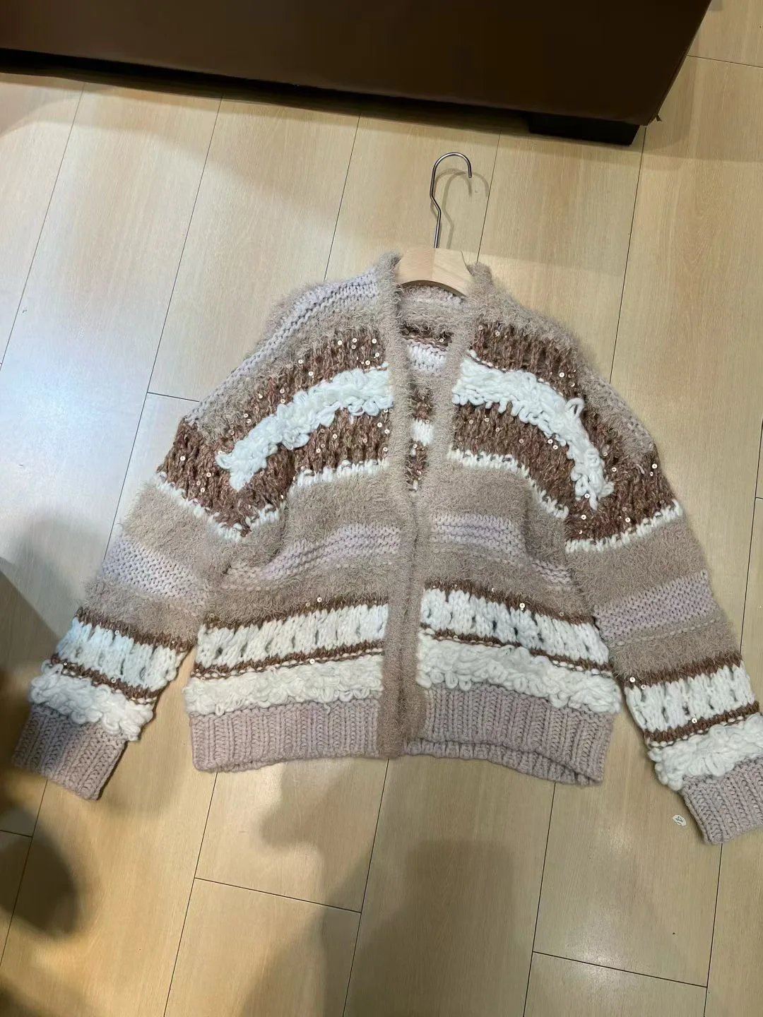 

Женский роскошный свободный кардиган из кашемира и мох с изысканными пайетками