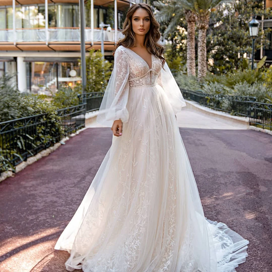 

Boho Lantern Long Sleeve Wedding Dress Classic V-Neck A-Line Tulle Lace Applique Sexy Illusion Bridal Seaside Marriage Gowns